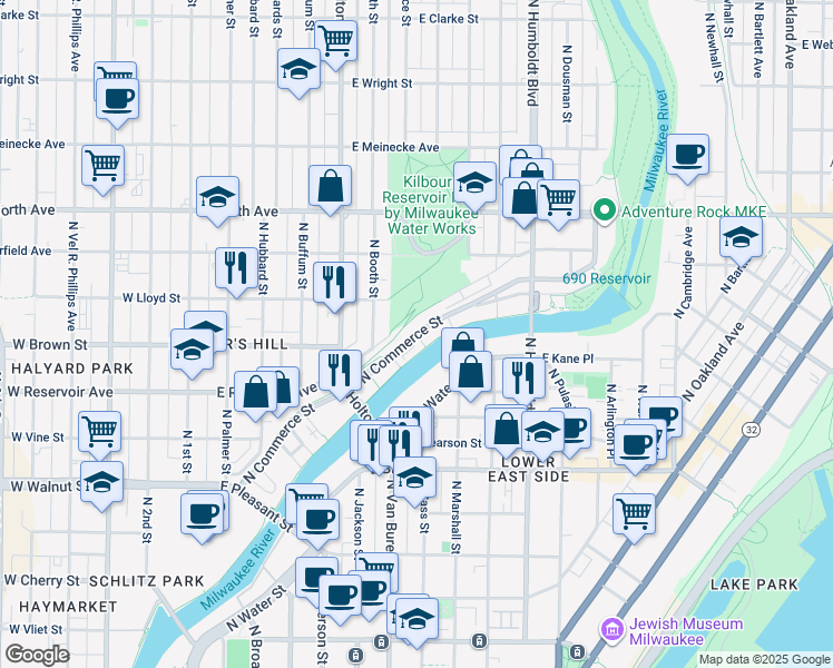 map of restaurants, bars, coffee shops, grocery stores, and more near North Commerce Street in Milwaukee