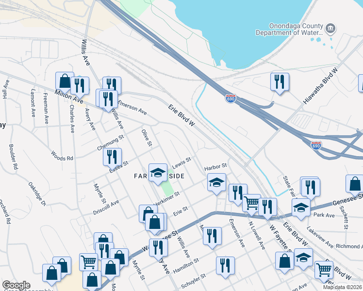 map of restaurants, bars, coffee shops, grocery stores, and more near 829 Emerson Avenue in Syracuse