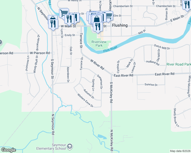 map of restaurants, bars, coffee shops, grocery stores, and more near 380 West River Road in Flushing