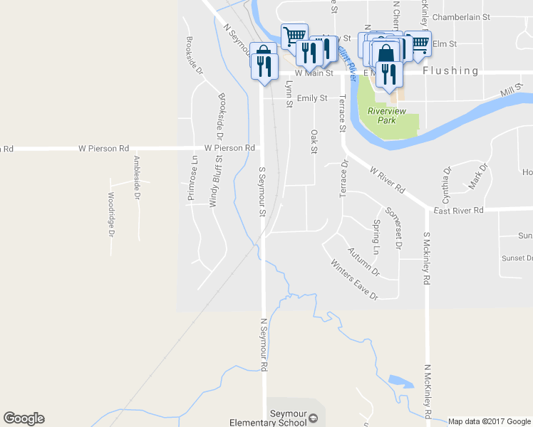 map of restaurants, bars, coffee shops, grocery stores, and more near 429 South Seymour Road in Flushing