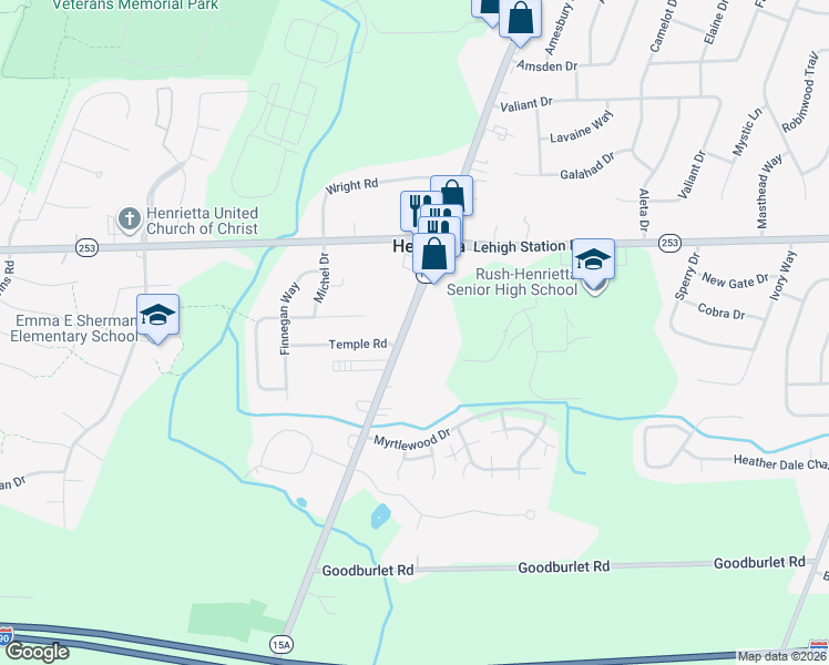 map of restaurants, bars, coffee shops, grocery stores, and more near 3224 East Henrietta Road in Henrietta