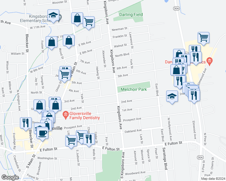 map of restaurants, bars, coffee shops, grocery stores, and more near 70 5th Avenue in Gloversville