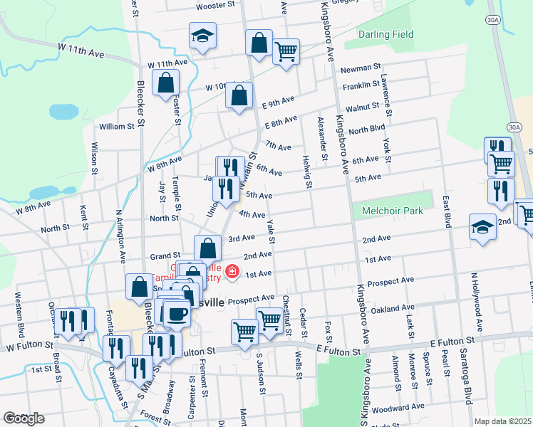 map of restaurants, bars, coffee shops, grocery stores, and more near 10 5th Avenue in Gloversville