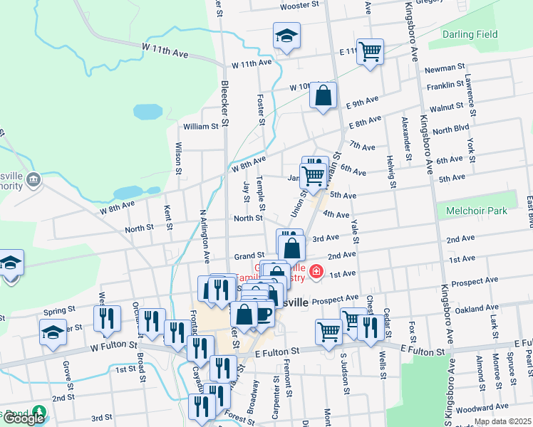 map of restaurants, bars, coffee shops, grocery stores, and more near 46 Temple Street in Gloversville
