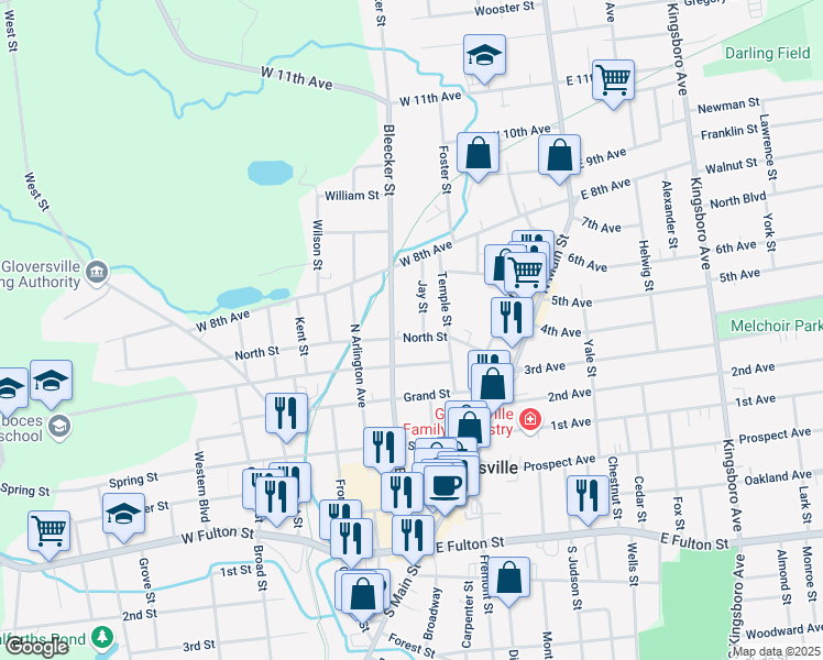 map of restaurants, bars, coffee shops, grocery stores, and more near 15 Jay Street in Gloversville