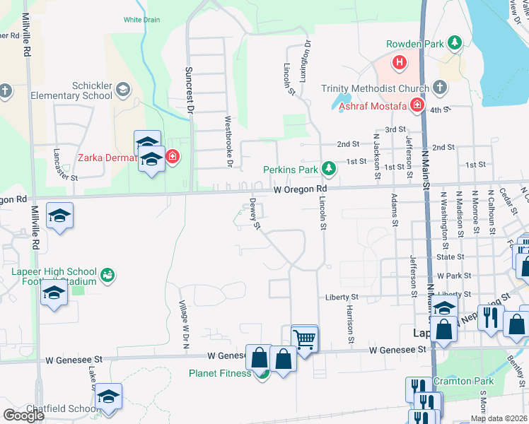 map of restaurants, bars, coffee shops, grocery stores, and more near 952 Dewey Street in Lapeer