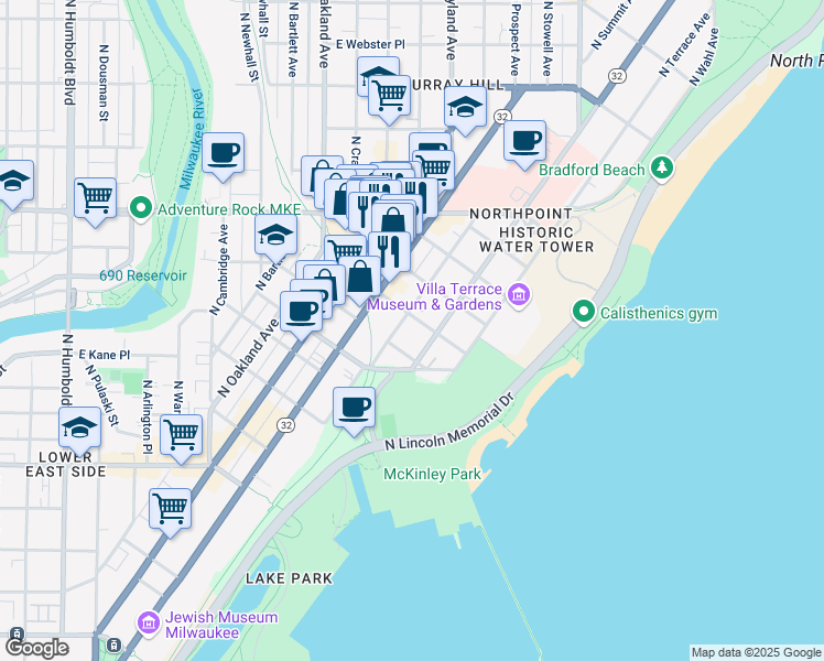 map of restaurants, bars, coffee shops, grocery stores, and more near 2105 North Summit Avenue in Milwaukee
