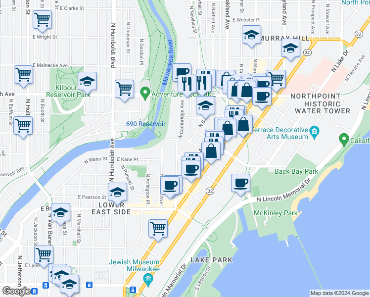 map of restaurants, bars, coffee shops, grocery stores, and more near 1950-1956 North Bartlett Avenue in Milwaukee