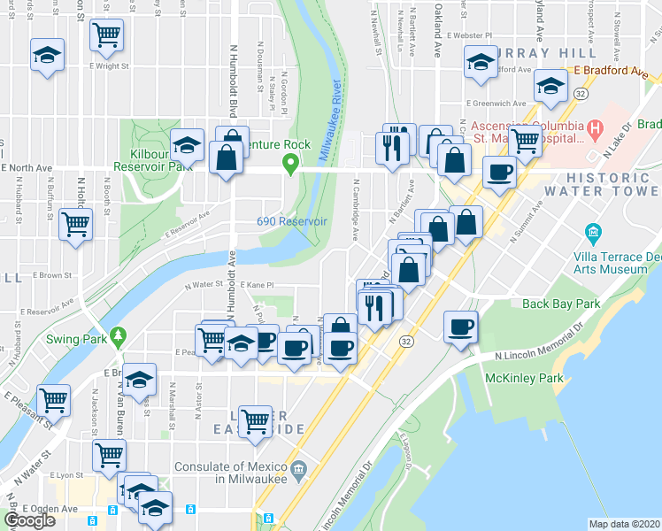 map of restaurants, bars, coffee shops, grocery stores, and more near 1430 East Boylston Street in Milwaukee