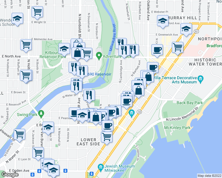 map of restaurants, bars, coffee shops, grocery stores, and more near 1939 North Warren Avenue in Milwaukee