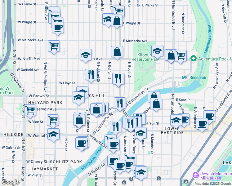 map of restaurants, bars, coffee shops, grocery stores, and more near 421 East Lloyd Street in Milwaukee