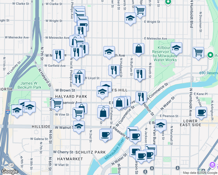 map of restaurants, bars, coffee shops, grocery stores, and more near 117 East Lloyd Street in Milwaukee