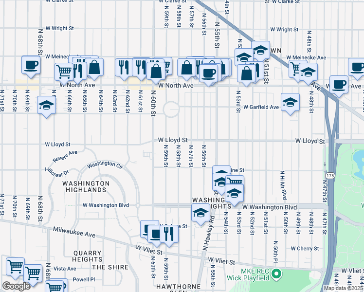 map of restaurants, bars, coffee shops, grocery stores, and more near 2111 North 58th Street in Milwaukee