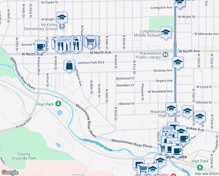 map of restaurants, bars, coffee shops, grocery stores, and more near 2052 North 84th Street in Wauwatosa