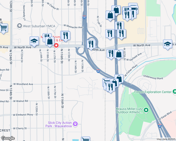 map of restaurants, bars, coffee shops, grocery stores, and more near 2104 North 113th Street in Wauwatosa