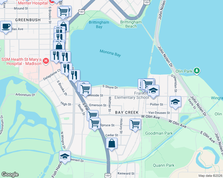 map of restaurants, bars, coffee shops, grocery stores, and more near 710 South Shore Drive in Madison