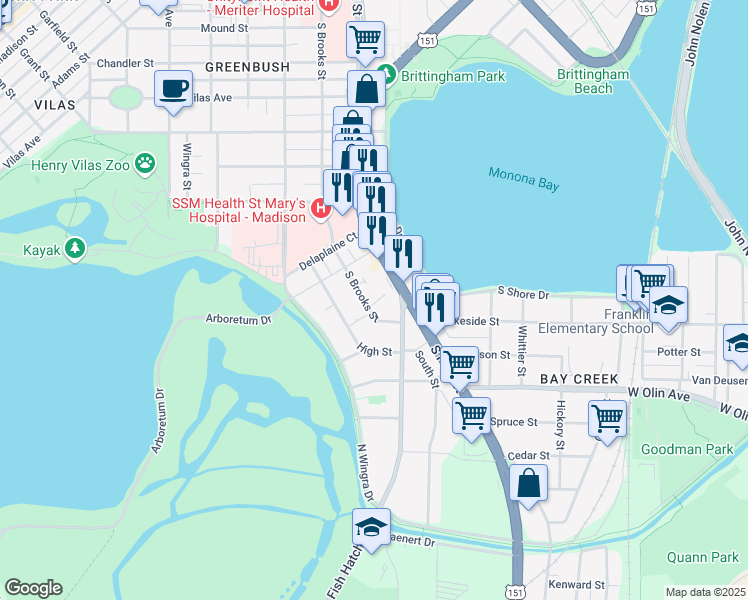 map of restaurants, bars, coffee shops, grocery stores, and more near 909 Haywood Drive in Madison