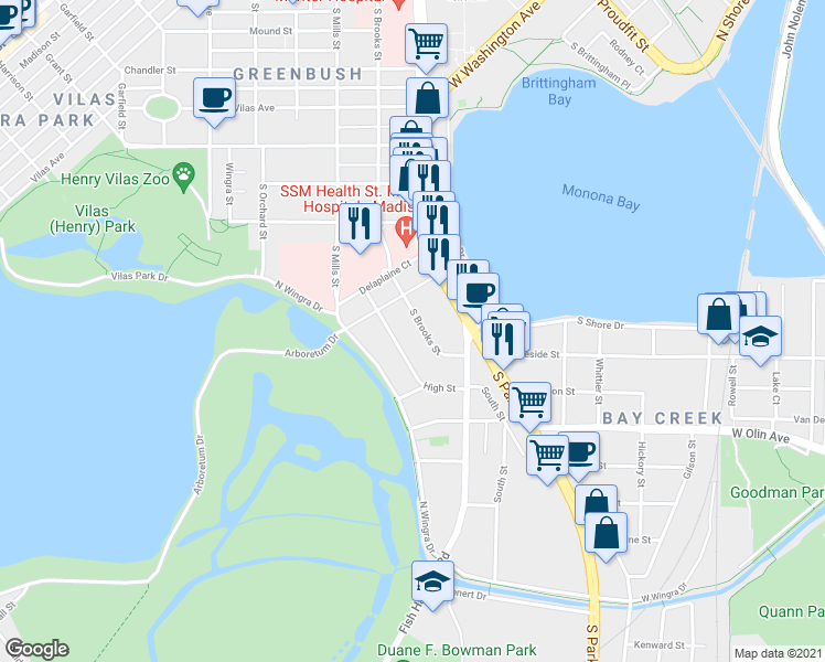 map of restaurants, bars, coffee shops, grocery stores, and more near 906 South Brooks Street in Madison