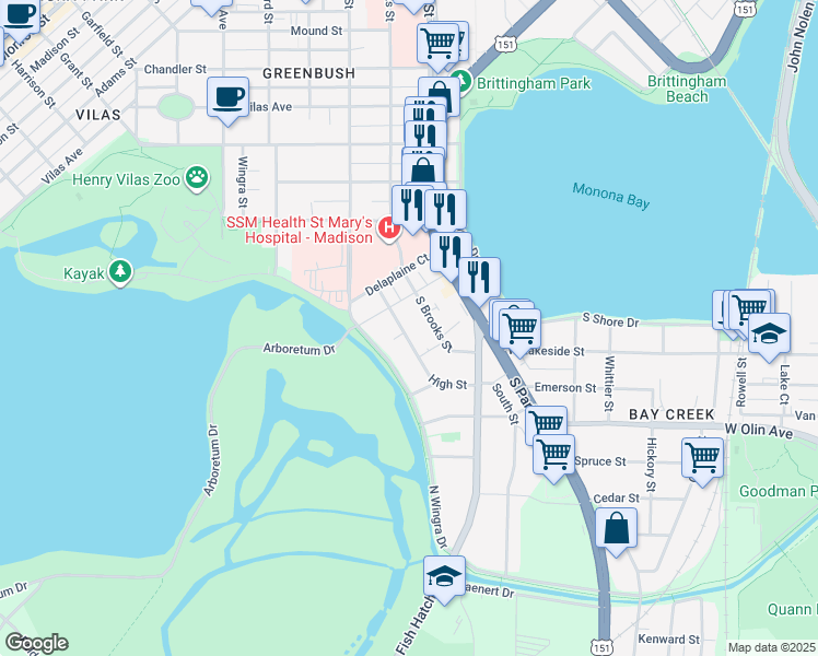 map of restaurants, bars, coffee shops, grocery stores, and more near 906 South Brooks Street in Madison