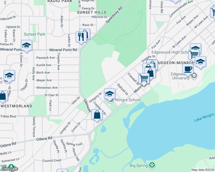 map of restaurants, bars, coffee shops, grocery stores, and more near 599 Glenway Street in Madison