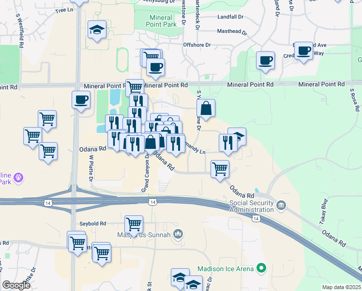map of restaurants, bars, coffee shops, grocery stores, and more near 6510 Normandy Lane in Madison