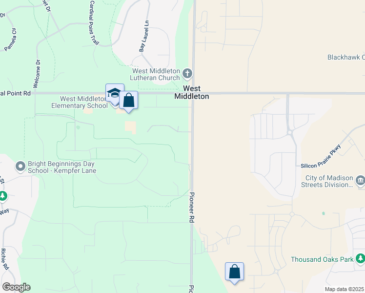 map of restaurants, bars, coffee shops, grocery stores, and more near 3715 Pioneer Road in Verona