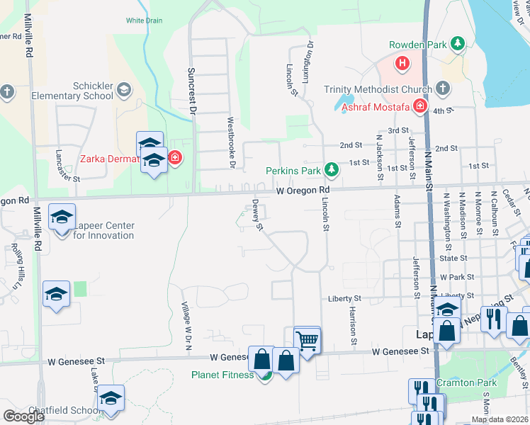 map of restaurants, bars, coffee shops, grocery stores, and more near 952 Dewey Street in Lapeer