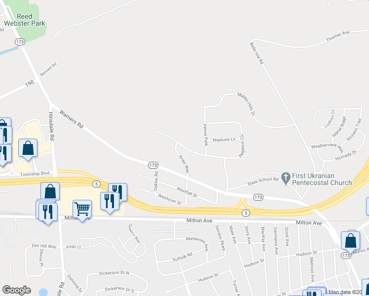 map of restaurants, bars, coffee shops, grocery stores, and more near 3802 Pegasus Circle in Syracuse