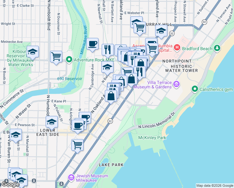 map of restaurants, bars, coffee shops, grocery stores, and more near N Farwell Ave & E Lafayette Pl in Milwaukee