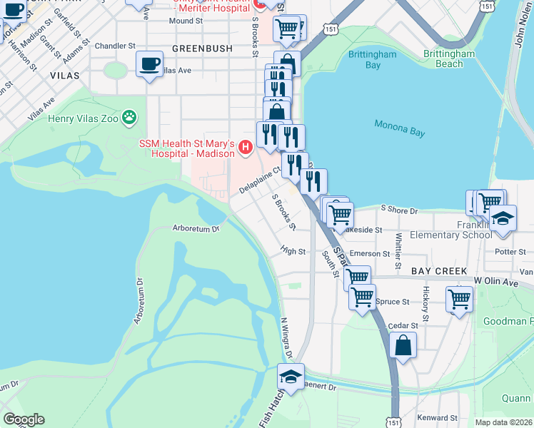map of restaurants, bars, coffee shops, grocery stores, and more near 906 South Brooks Street in Madison