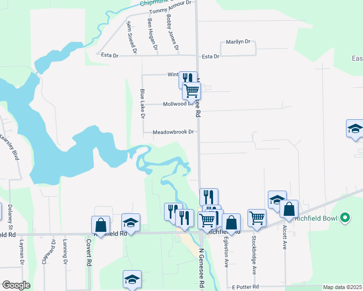 map of restaurants, bars, coffee shops, grocery stores, and more near 4476 Meadowbrook Dr in Flint