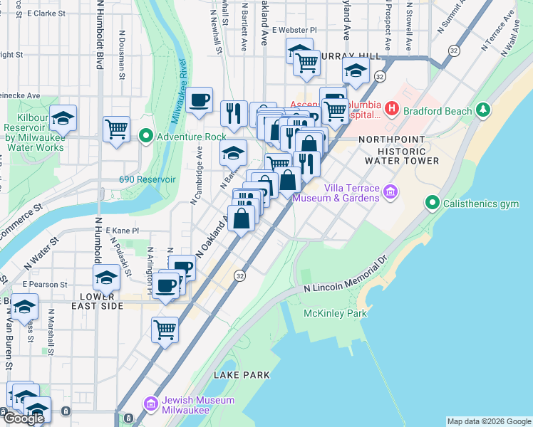 map of restaurants, bars, coffee shops, grocery stores, and more near 1812 East Lafayette Place in Milwaukee