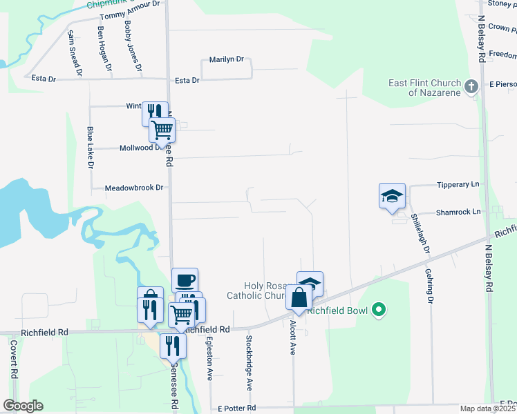 map of restaurants, bars, coffee shops, grocery stores, and more near 5115 Murphy Drive in Flint