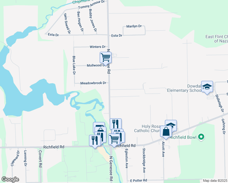 map of restaurants, bars, coffee shops, grocery stores, and more near 5020 Murphy Drive in Flint