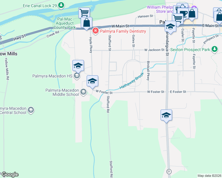 map of restaurants, bars, coffee shops, grocery stores, and more near 440 Stafford Street in Palmyra