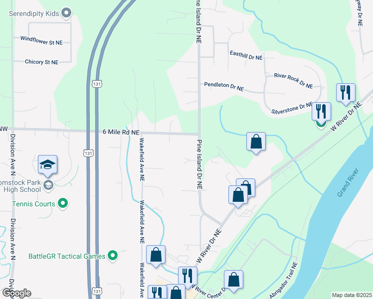 map of restaurants, bars, coffee shops, grocery stores, and more near 600 6 Mile Road Northeast in Comstock Park
