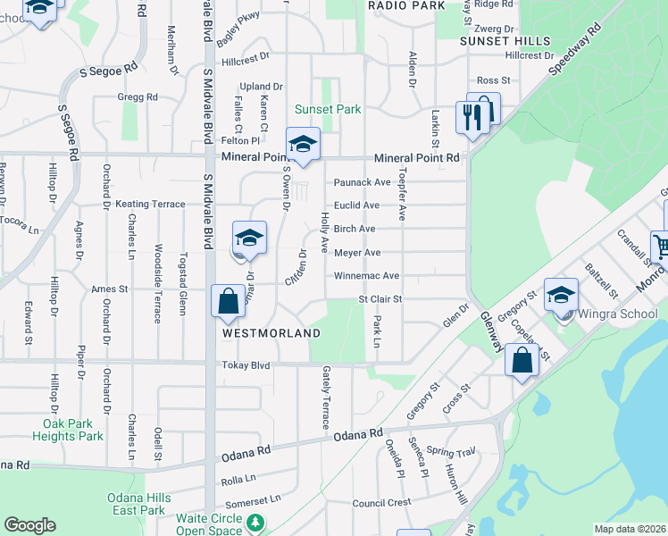 map of restaurants, bars, coffee shops, grocery stores, and more near 4122 Meyer Avenue in Madison