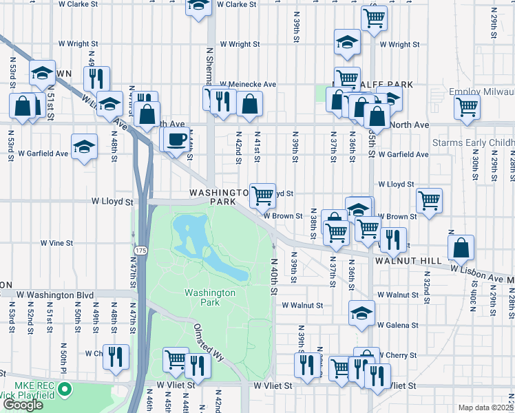 map of restaurants, bars, coffee shops, grocery stores, and more near 2038 North 41st Street in Milwaukee