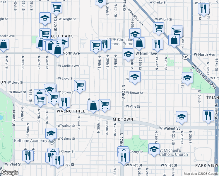 map of restaurants, bars, coffee shops, grocery stores, and more near 2048-2050 North 29th Street in Milwaukee