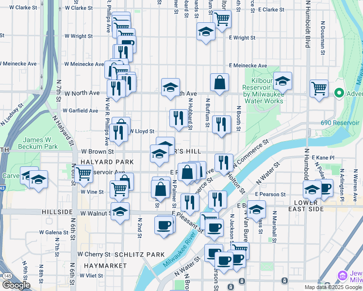 map of restaurants, bars, coffee shops, grocery stores, and more near 219 East Lloyd Street in Milwaukee