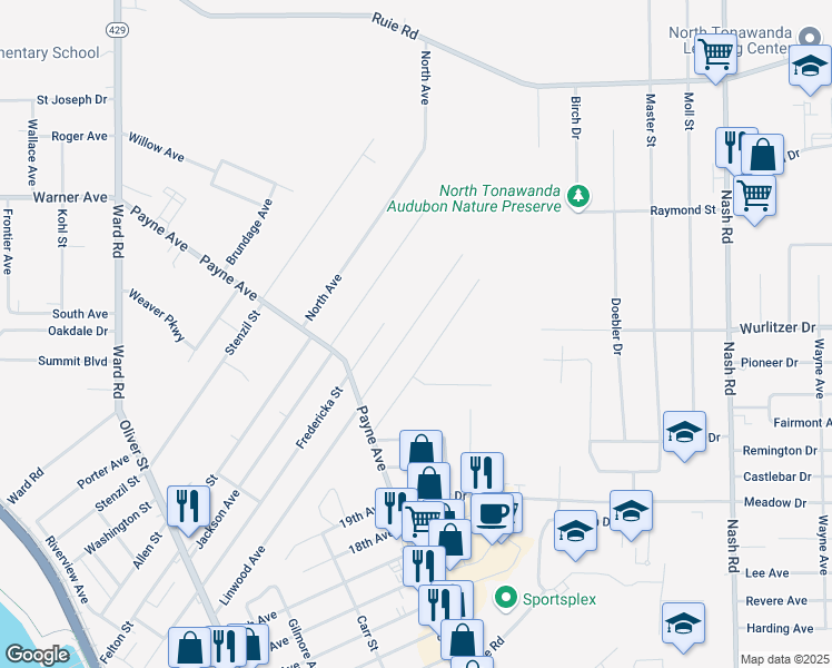map of restaurants, bars, coffee shops, grocery stores, and more near 381 Linwood Avenue in North Tonawanda