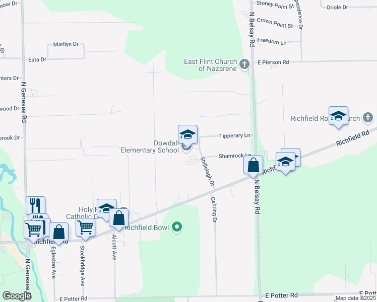 map of restaurants, bars, coffee shops, grocery stores, and more near 3333 Shillelagh Drive in Flint