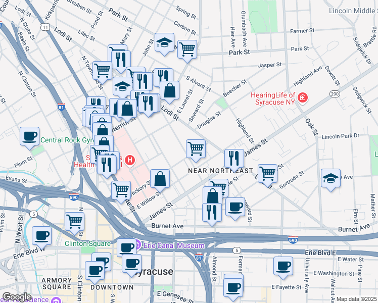 map of restaurants, bars, coffee shops, grocery stores, and more near 616 Catherine Street in Syracuse