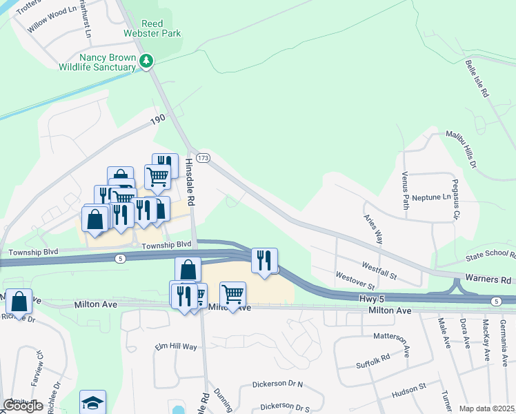 map of restaurants, bars, coffee shops, grocery stores, and more near 3659 Warners Road in Syracuse