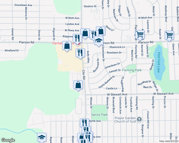 map of restaurants, bars, coffee shops, grocery stores, and more near 4730 Canterbury Lane in Flint