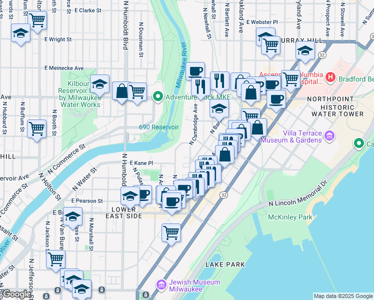 map of restaurants, bars, coffee shops, grocery stores, and more near 1430 East Boylston Street in Milwaukee
