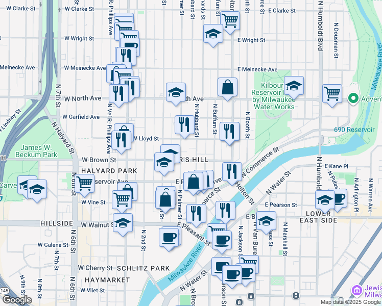 map of restaurants, bars, coffee shops, grocery stores, and more near 219 East Lloyd Street in Milwaukee