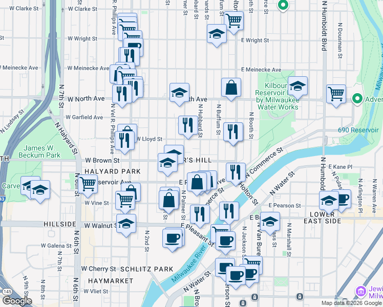 map of restaurants, bars, coffee shops, grocery stores, and more near 219 East Lloyd Street in Milwaukee