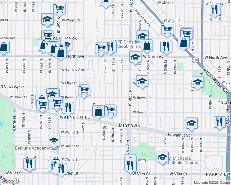 map of restaurants, bars, coffee shops, grocery stores, and more near 2048-2050 North 29th Street in Milwaukee