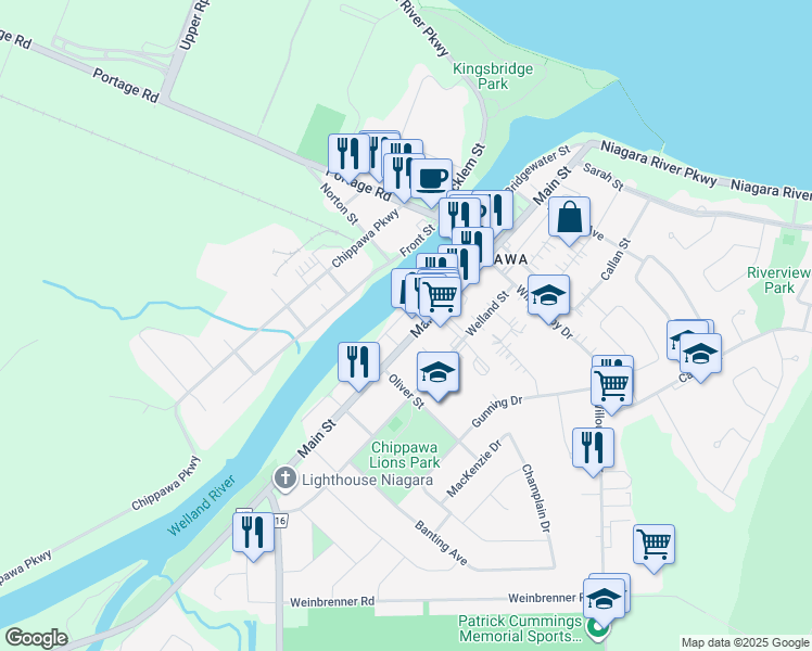 map of restaurants, bars, coffee shops, grocery stores, and more near 3893 Main Street in Niagara Falls